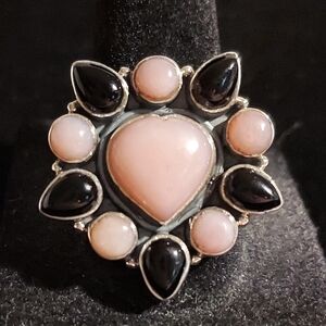 New Sterling Silver & Pink Opal with Black Onyx Adjustable Ring Size 6-10